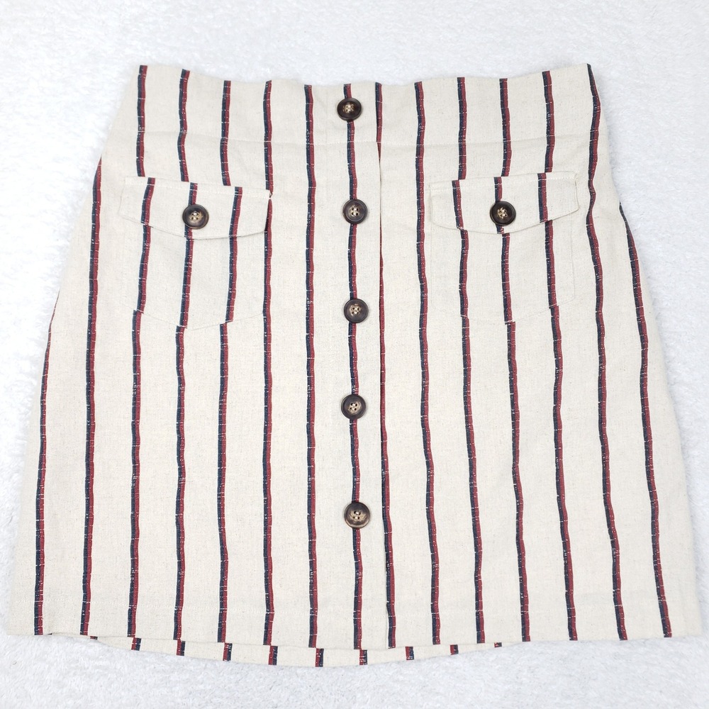 Blu Pepper Day to Day Stripe Linen Blend Button Front Mini Skirt Cream L Coastal